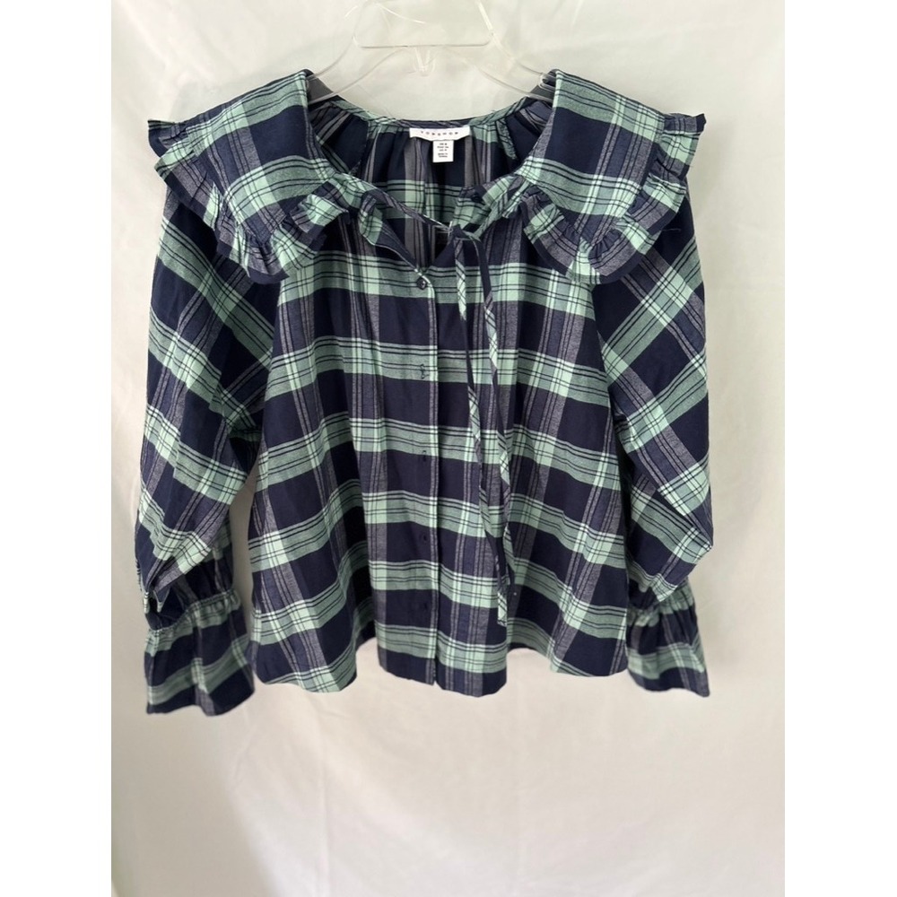Topshop Navy Mint Plaid Ruffle Sailor Collar Tie Neck Blouse US 4 UK 8